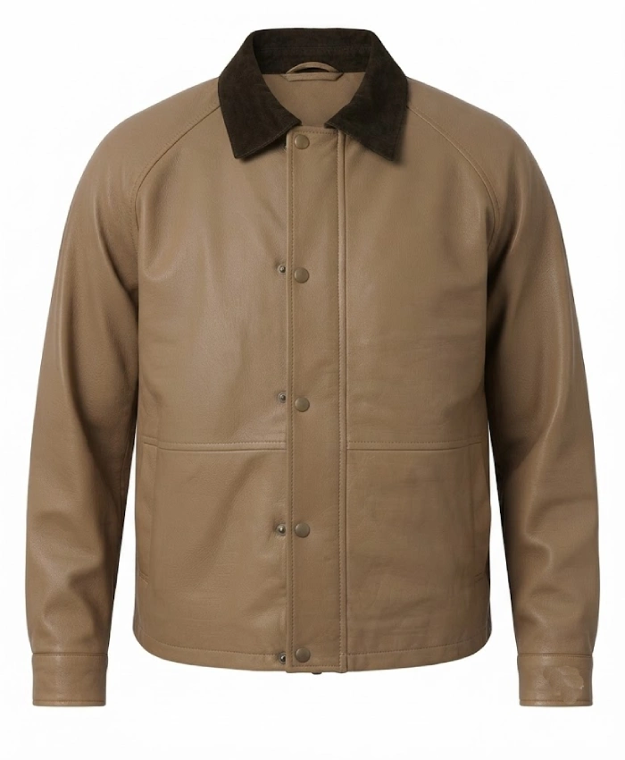 Beige Leather Barn Jacket with Raglan Sleeves