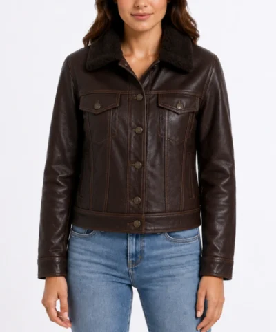 Women's Black Leather Trucker Shearling Collar Jacket