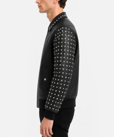 Mens Black Studded Sleeves Leather Bomber Jacket