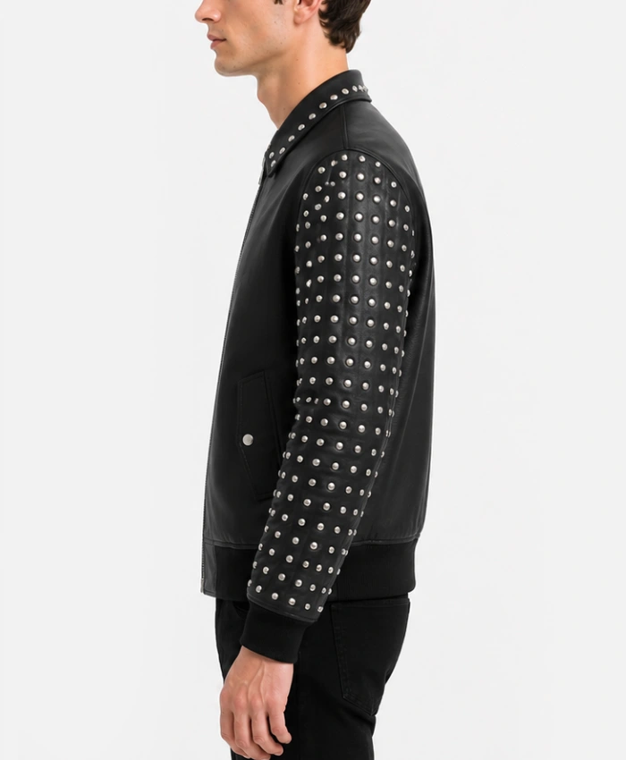 Mens Black Studded Sleeves Leather Bomber Jacket