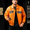 Buy Josh Hart NBA New York Knicks 2026 Orange Leather Varsity Jacket