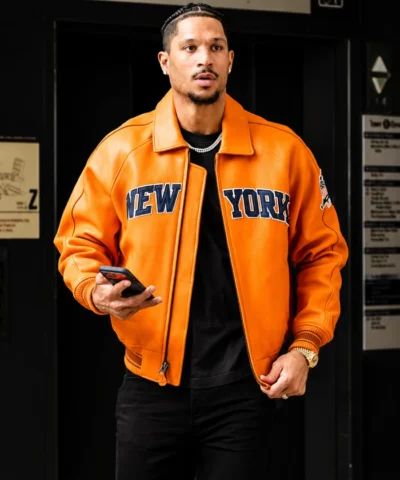 Buy Josh Hart NBA New York Knicks 2026 Orange Leather Varsity Jacket