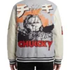 Buy Now Wanna Play Chucky Good Guys Grey and White Varsity Jacket For Sale