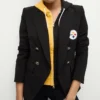 Buy Pittsburgh Steelers Women Black Blazer With Removable Hoodie on Sale