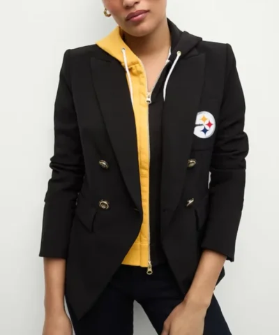 Buy Pittsburgh Steelers Women Black Blazer With Removable Hoodie on Sale