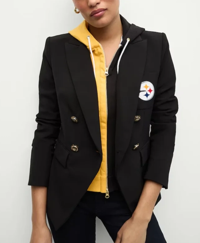 Buy Pittsburgh Steelers Women Black Blazer With Removable Hoodie on Sale