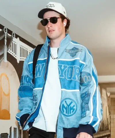 Cam Schlittler New York Knicks Blue Leather Bomber Jacket