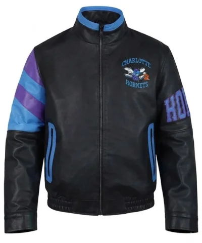 Charlotte Hornets Vintage Leather Zipper Jacket For Mens and Womens on Sale