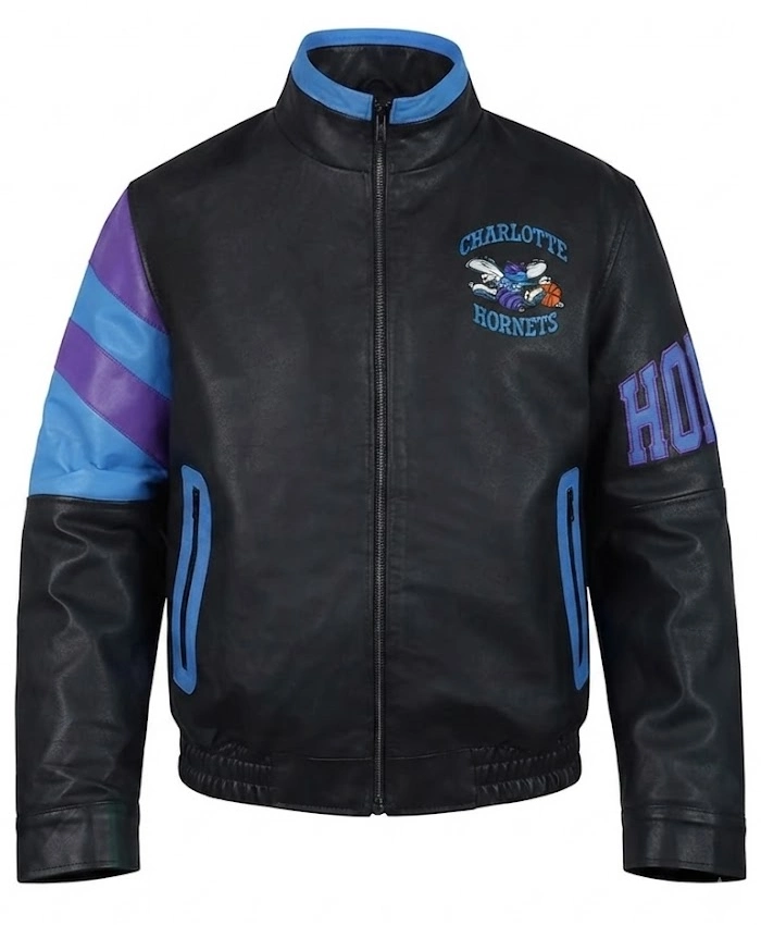 Charlotte Hornets Vintage Leather Zipper Jacket For Mens and Womens on Sale