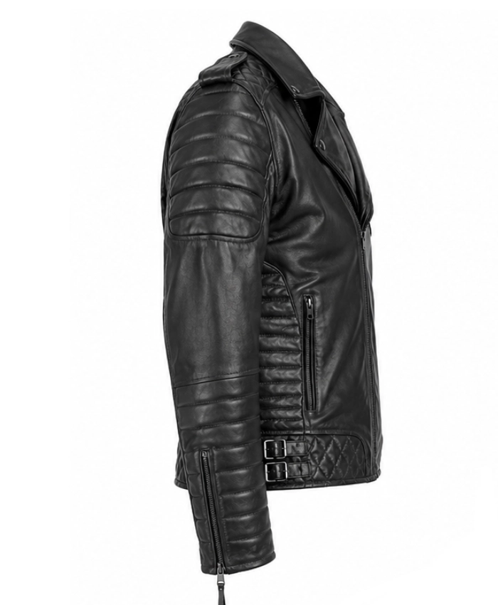 Classic Quilted Biker Weathered Smoke Black Leather Jacket