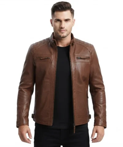 Cognac Brown Quilted Biker Style Leather Jacket