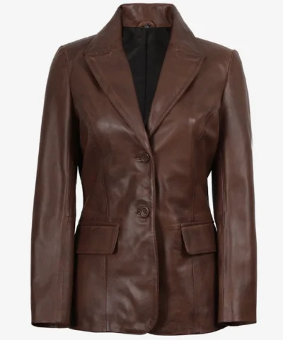 Cognac Two Button Waxed Leather Blazer