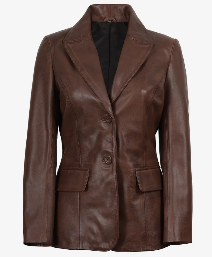 Cognac Two Button Waxed Leather Blazer