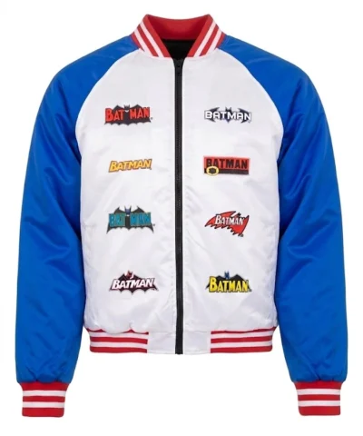 DC Batman Vintage Logo Full Zip White and Blue Satin Jacket