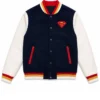 DC Comics Superman Superhero Blue and White Leather Varsity Jacket