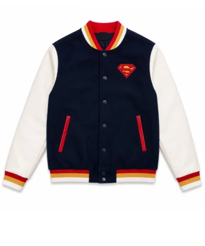 DC Comics Superman Superhero Blue and White Leather Varsity Jacket