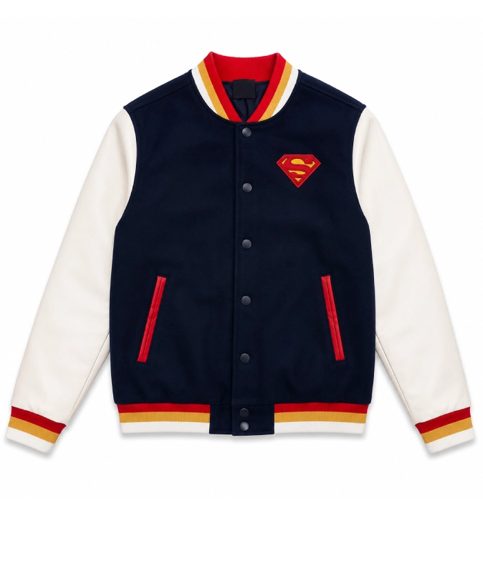 DC Comics Superman Superhero Blue and White Leather Varsity Jacket