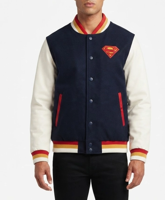 DC Comics Superman Superhero Blue and White Varsity Jacket