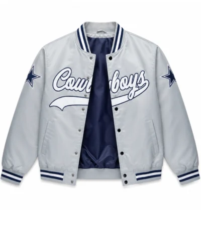 Dallas Cowboys Full Snap Gray Satin Bomber Jacket Sale