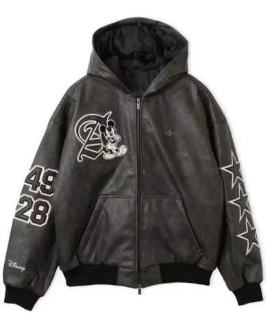 Disney x Adidas Mickey Mouse Black Leather Hooded Jacket