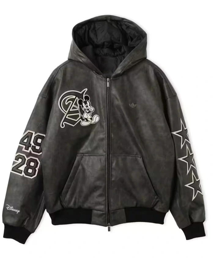 Disney x Adidas Mickey Mouse Black Leather Hooded Jacket