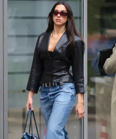 Dua Lipa Fashion Streets Of Milan 2026 Black Leather Blazer For Women