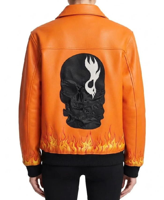 Flame Skull Orange Leather Bomber Jacket On Sale