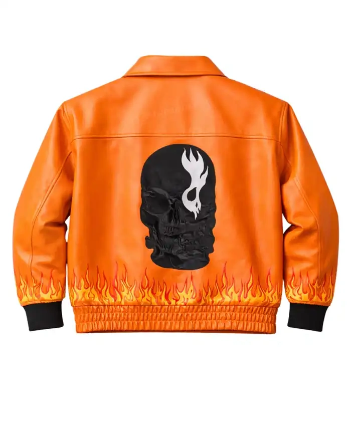 Flame Skull Orange Leather Bomber Jacket