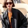 French Open Paris Lily Collins Black Leather Jacket