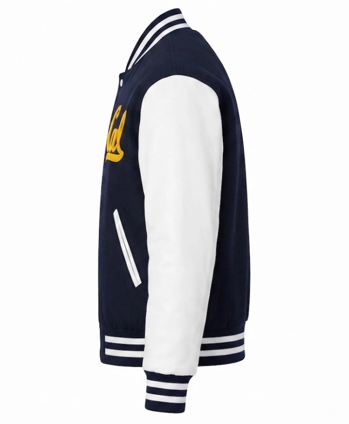 Get Cal Navy Blue and White Varsity Jacket