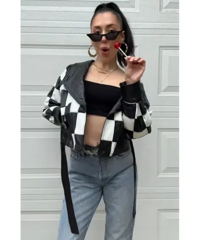 Hailee Steinfeld Sinners Mary Black and White Leather Checkered Moto Jacket