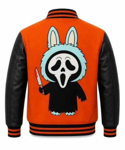 Halloween Labubu Ghostface  Black and Red Leather Varsity Jacket