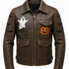 Halloween Patches Distressed Brown Leather Jacket