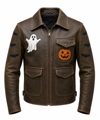 Halloween Patches Distressed Brown Leather Jacket