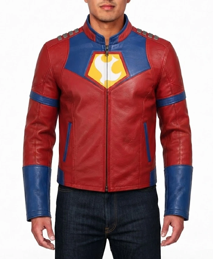 Halloween x Peacemaker Red and Blue Cosplay Leather Biker Jacket On Sale