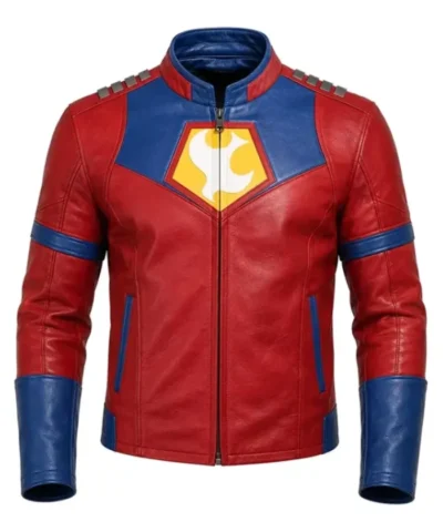 Halloween x Peacemaker Red and Blue Cosplay Leather Jacket On Sale