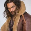 Jason Momoa Movie Justice League Aquaman Brown Leather Shearling Fur Aviator Jacket
