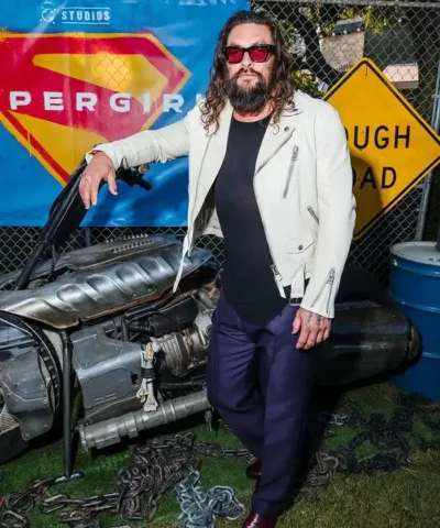 Jason Momoa Special DC Event Los Angeles 2026 Supergirl White Biker Leather Jacket