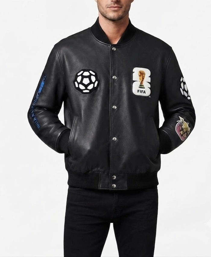 Jeff Hamilton FIFA World Cup We Are 26 Genuine Black Leather Bomber Jacket