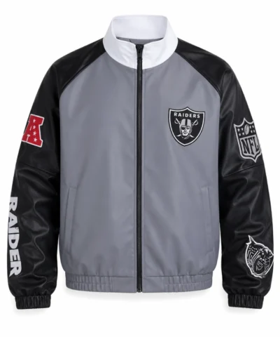 Jeff Hamilton Raiders Vegan Grey Leather Track Jacket 