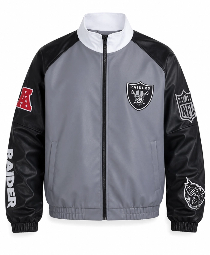 Jeff Hamilton Raiders Vegan Grey Leather Track Jacket