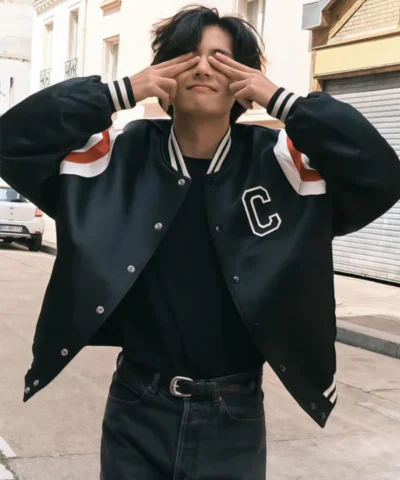 Kim Taehyung Black Full Snap Satin Varsity Jacket