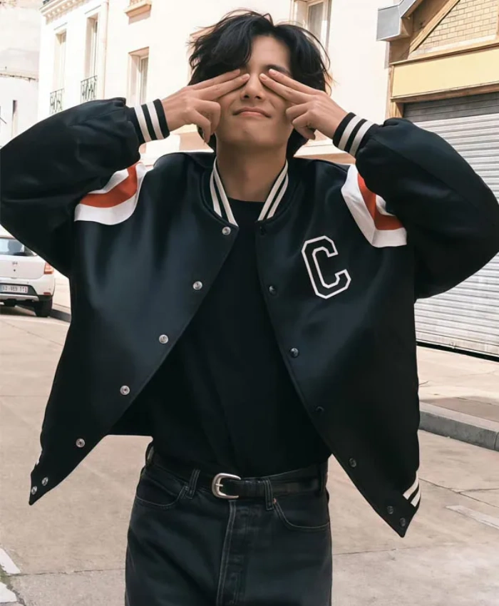Kim Taehyung Black Full Snap Satin Varsity Jacket