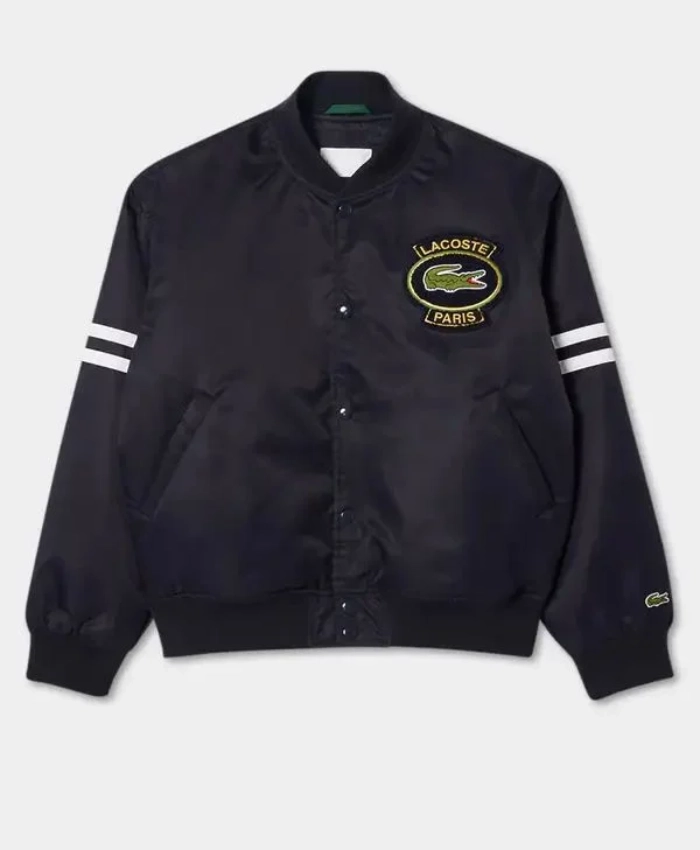 Lacoste Vintage Patch Satin Black Varsity Bomber Jacket For Sale