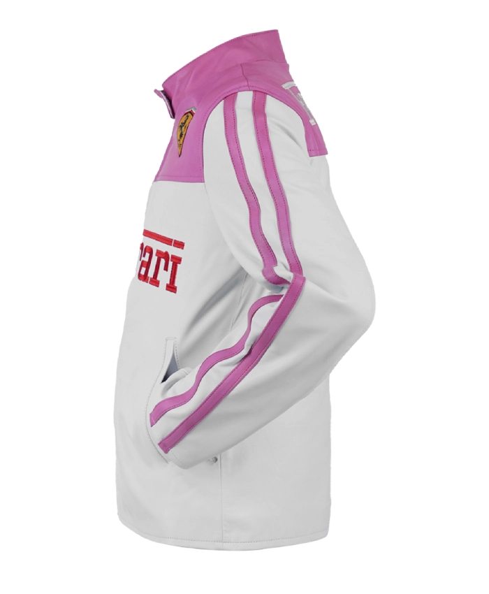 Women Ferrari Pink Leather Racing Jacket