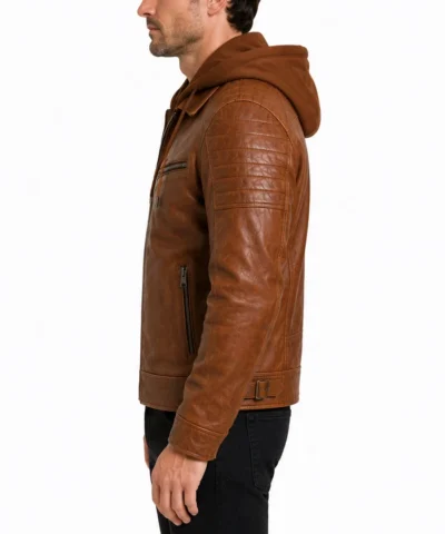 Mens Biker Cognac Leather Jacket with Attached Hood