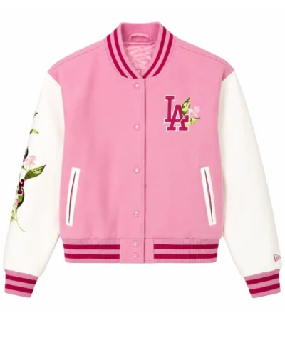 Los Angeles Dodgers Floral Pink Wool Varsity Jacket For Sale