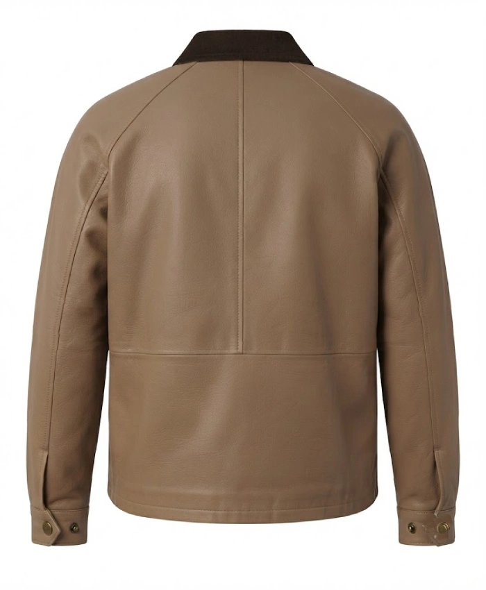 Mens Beige Leather Barn Jacket with Raglan Sleeves