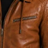 Mens Cognac Biker Leather Jacket with Attached Hood