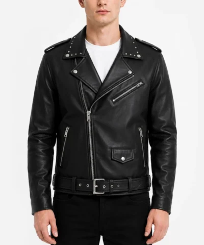 Mens Black Studded Collar Leather Biker Jacket